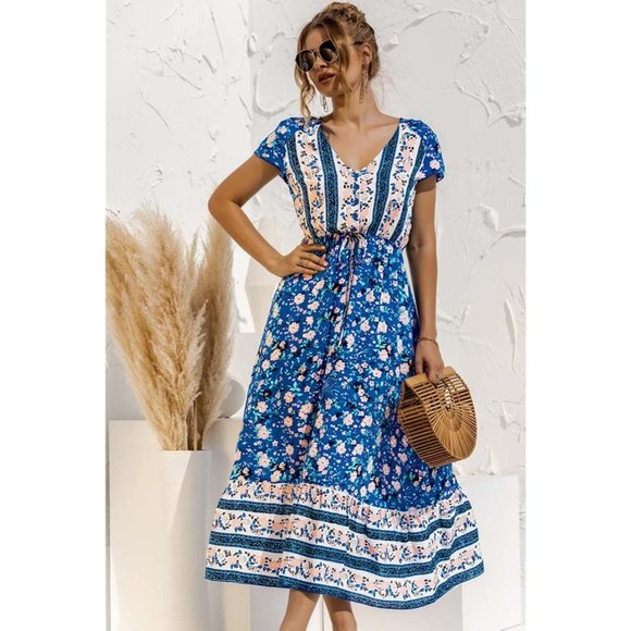Bella Boho Dresses & Skirts - Boho Floral Print V-Neck Midi Dress Blue